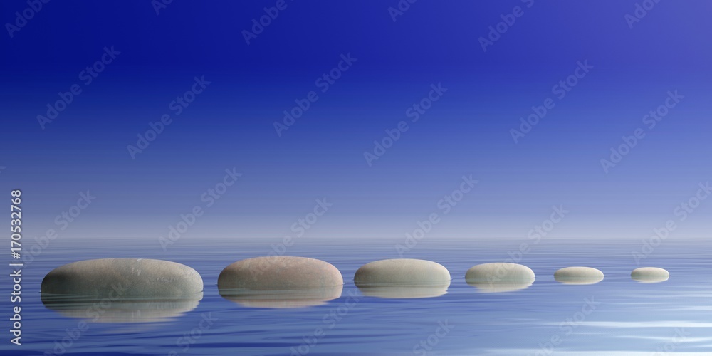 Naklejka Zen kamienie na niebieskim tle wody. ilustracja 3d