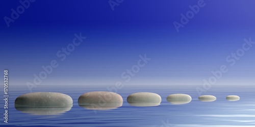 Photography Zen stones on blue water background. 3d illustration