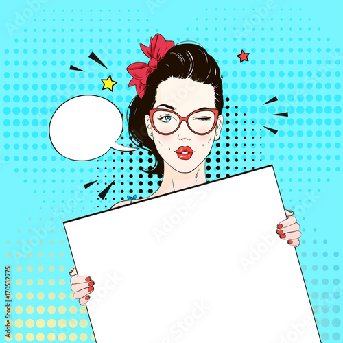 Pop Art Vintage advertising poster comic girl in cat-yey glasses winks and holds a white banner . Comic woman with speech bubble. Vector illustration photo