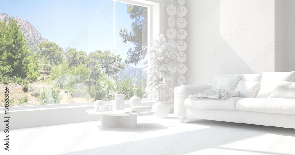 Idea of white room with sofa and summer landscape in window. Scandinavian interior design. 3D illustration Idea of white room with sofa and summer landscape in window. Scandinavian interior design. 3D illustration