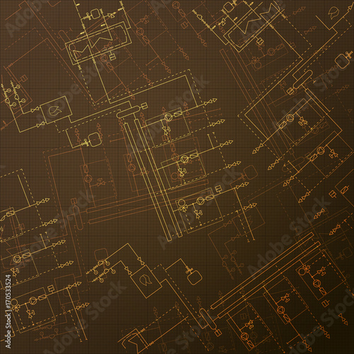 Gas boiler in the room. HVAC technical blueprint. Central heating engineering drawings.