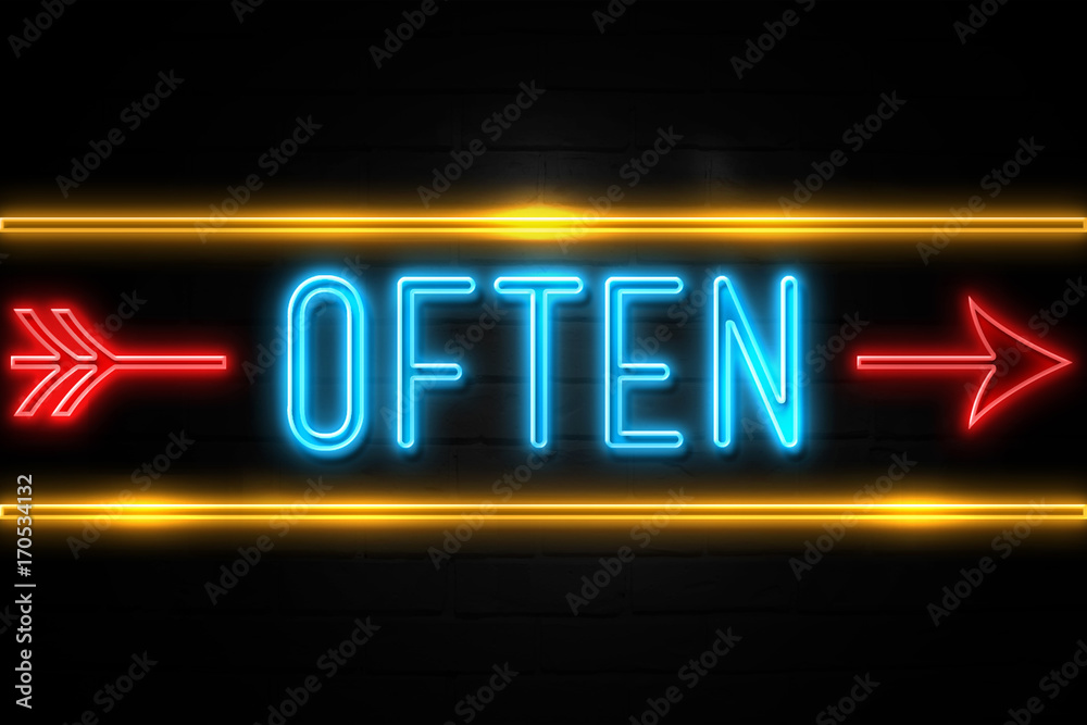 Often  - fluorescent Neon Sign on brickwall Front view