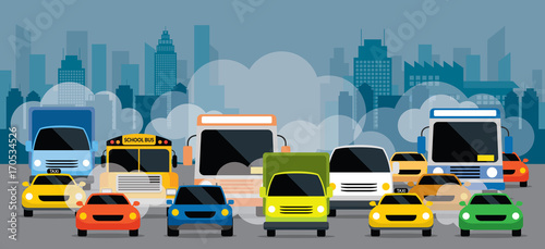 Vehicles on Road with Traffic Jam Pollution, Front View with City Background
