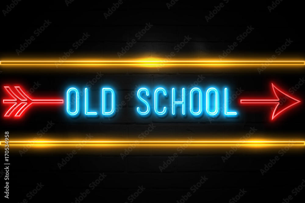 Old School  - fluorescent Neon Sign on brickwall Front view