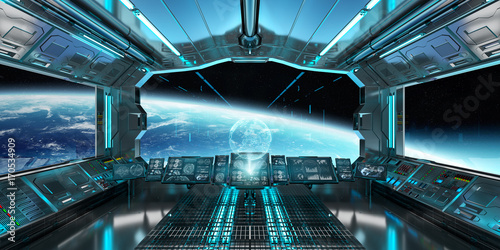 Fototapeta Naklejka Na Ścianę i Meble -  Spaceship interior with view on the planet Earth 3D rendering elements of this image furnished by NASA