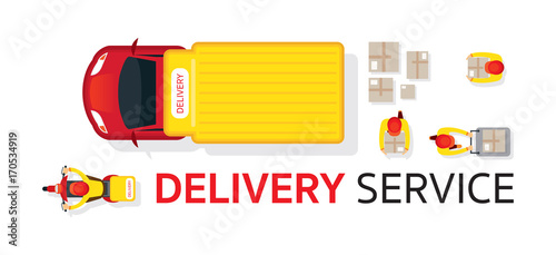 Delivery Truck Scooter Motorcycle Service, Top or Above View with Staff Carrying Parcel or Box
