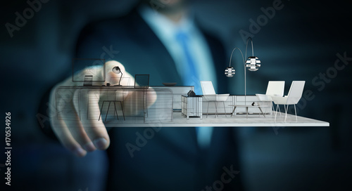 Businessman touching white 3D rendering apartment