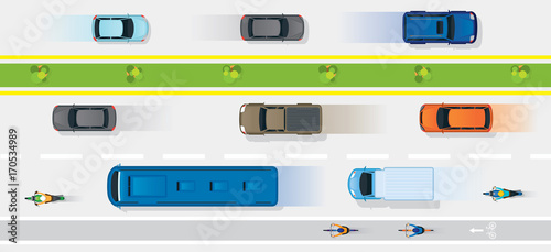 Vehicles on Road with Bike Lane, Traffic, Top or Above View
