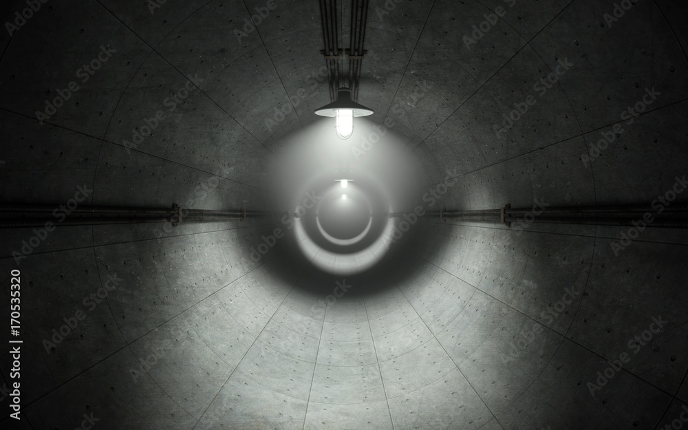 Old dark concrete tunnel with lamps. 3d rendering