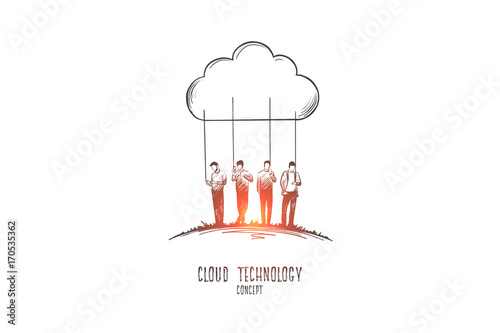 Cloud technology concept. Hand drawn people using networking and internet service. People connecting through virtual cloud isolated vector illustration.