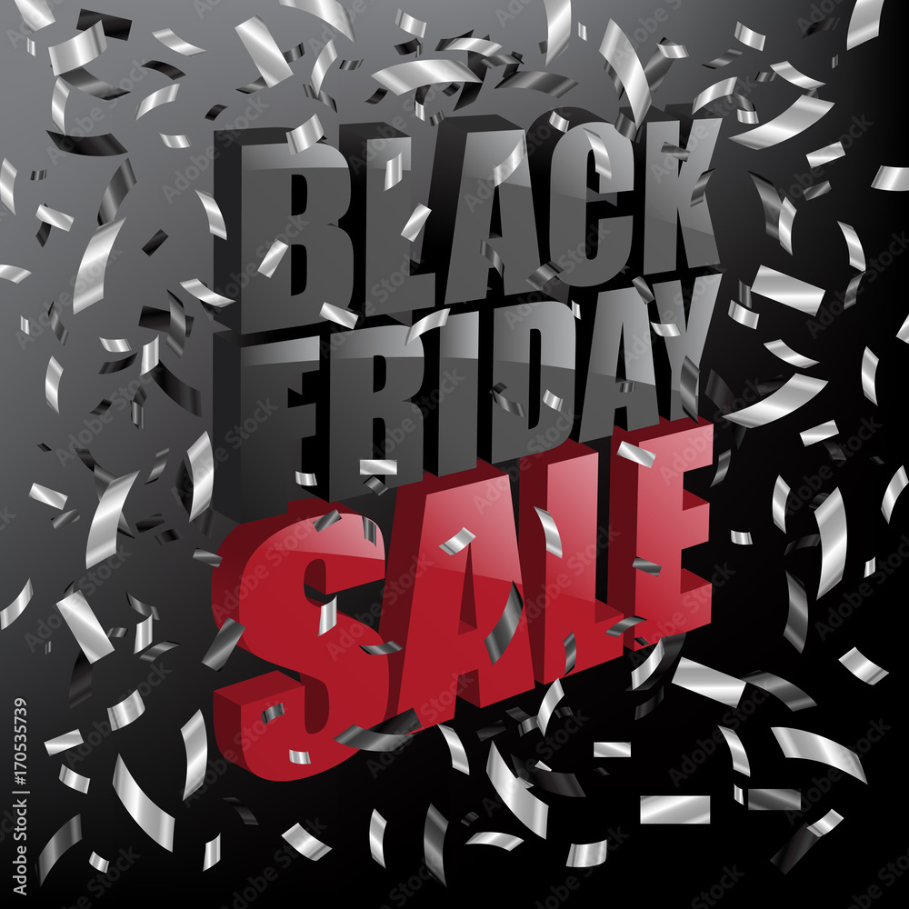 Black Friday Sale text on gray background with falling silver confetti. Vector illustration. Black Friday Sale promotion template. Black Friday Sale text on gray background with falling silver confetti. Vector illustration. Black Friday Sale promotion template.