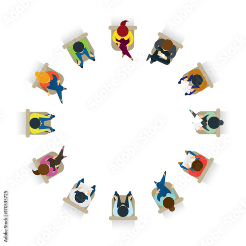 People Sitting on Chairs in Circle Form, Top or Above View, Men and Women