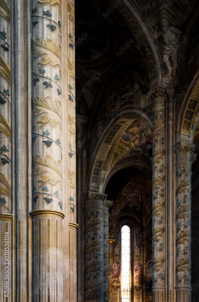 Cathedral of Asti, Italy. detail of the main nave with painted columns