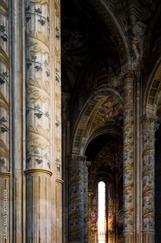 Cathedral of Asti, Italy. detail of the main nave with painted columns