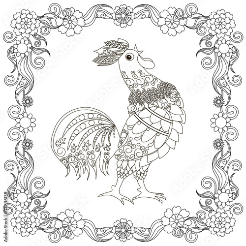 Monochrome doodle hand drawn stylized rooster in flowers frame. Anti stress stock vector illustration