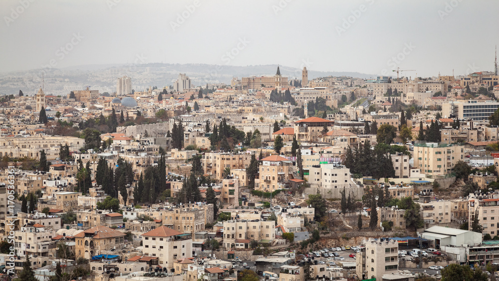 Skyline cityscape of Jerusalem, Israel in the Middle East with many buildings, old historic architecture and landmarks. / Jerusalem Skyline Cityscape Skyline cityscape of Jerusalem, Israel in the Middle East with many buildings, old historic architecture and landmarks. / Jerusalem Skyline Cityscape