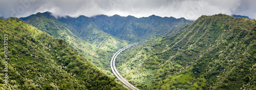 Mountain landscape panorama and scenic view of H3 highway from the Aeia Loop Trail on Oahu, Hawaii. / Mountain Landscape Panorama Hawaii
