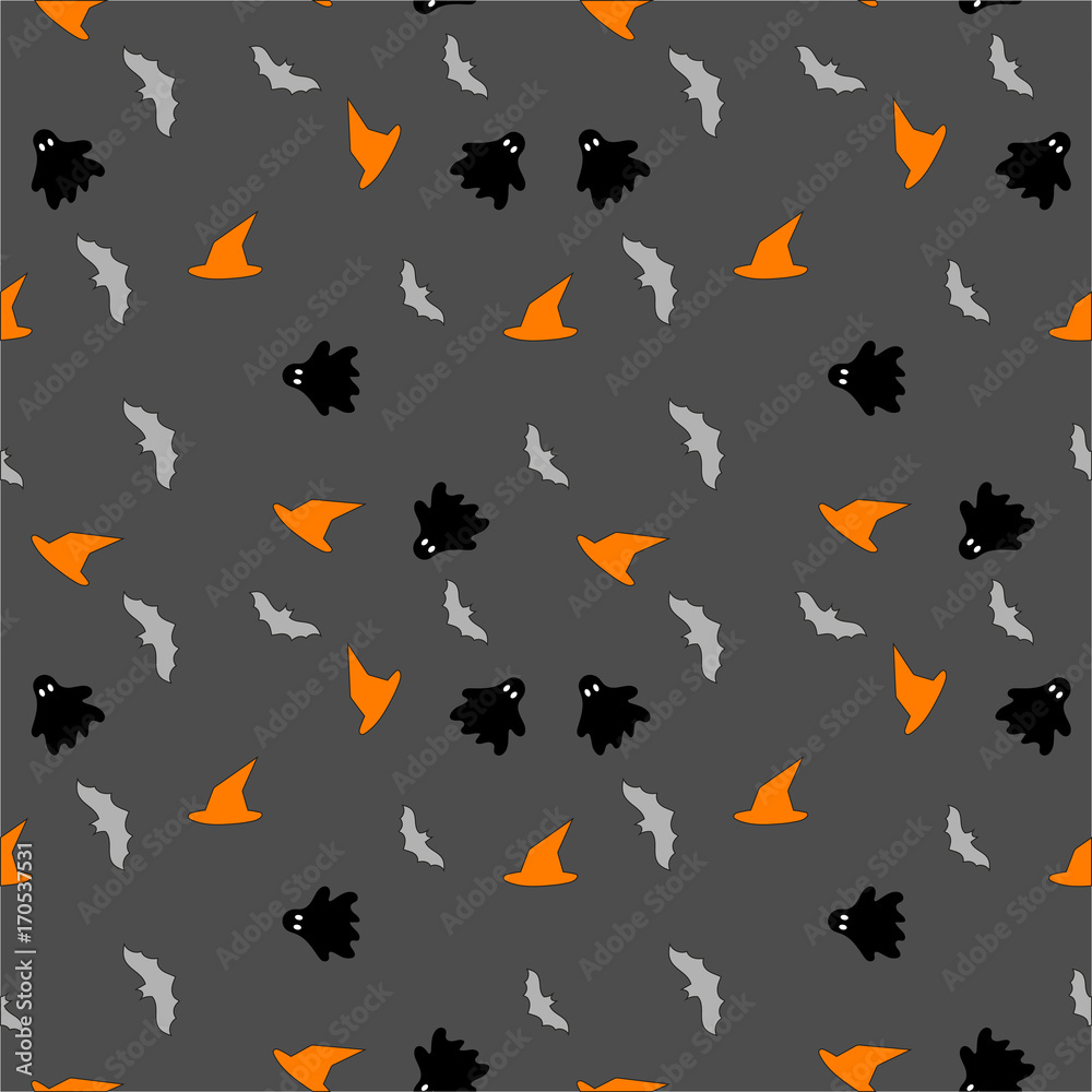 Halloween seamless pattern design with ghost, hat and bat Grey background