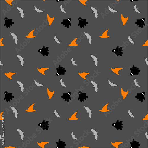 Halloween seamless pattern design with ghost, hat and bat Grey background