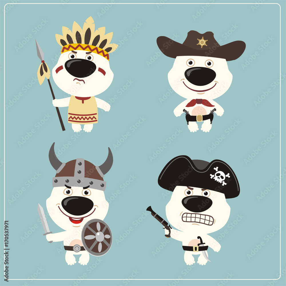 Obraz premium Set isolated polar bear in cartoon style for design children holiday and birthday. Funny polar bear in costume of viking, american indian, cowboy and pirate.