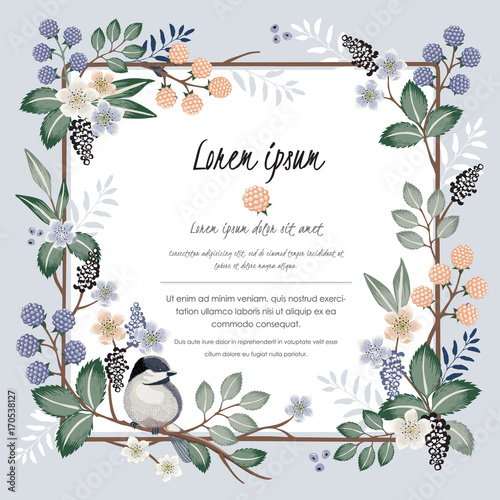  Vector illustration. A floral frame with a cute bird in spring for Wedding, anniversary, birthday and party. Design for banner, poster, card, invitation and scrapbook 				