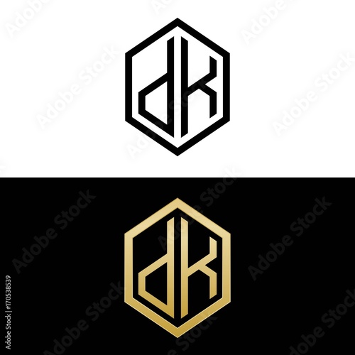 initial letters logo dk black and gold monogram hexagon shape vector