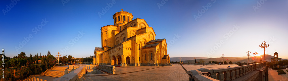 Tbilisi, Georgia - 8 October 2016: Panorama of Tbilisi Sameba Cathedral Holy Trinity biggest Orthodox Cathedral in Georgia and Caucasus
