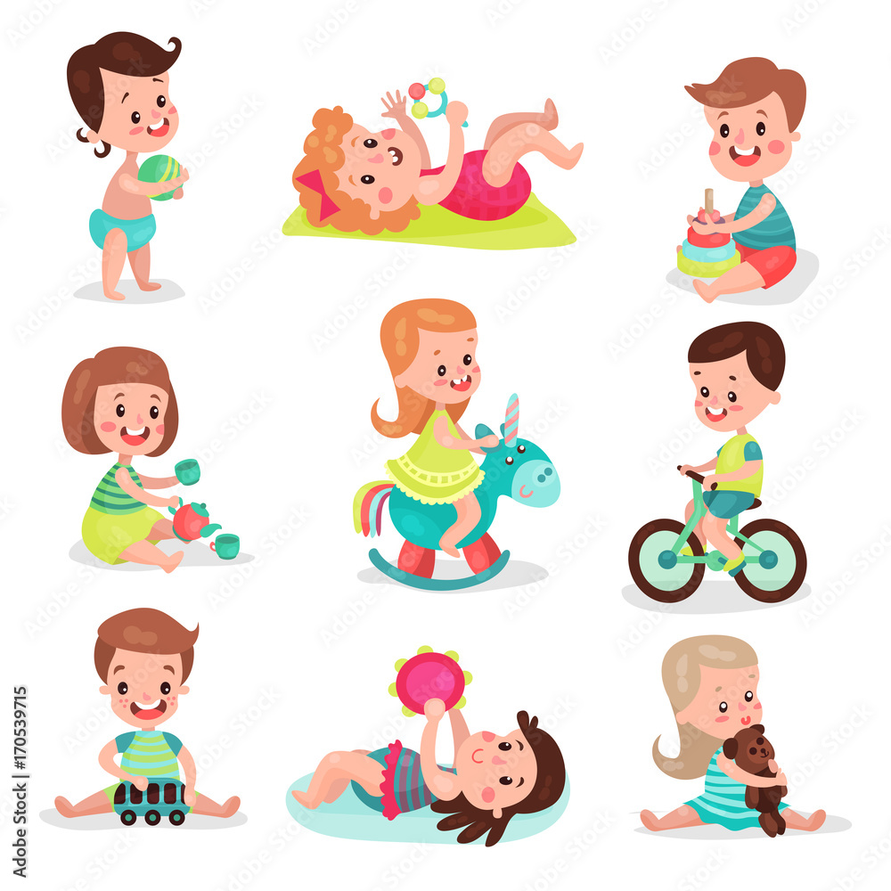 Happy little boys and girls playing with toys set, cute kids enjoying playing colorful cartoon vector Illustrations