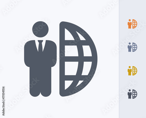 Businessman & Half Globe - Carbon Icons. A professional, pixel-aligned icon designed on a 32x32 pixel grid and redesigned on a 16x16 pixel grid for very small sizes.