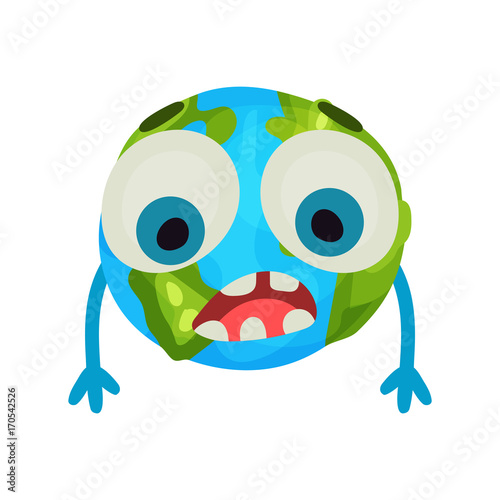 Cute cartoon sad Earth planet emoji, humanized globe character with emotions colorful vector Illustration