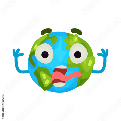 Cute cartoon frightened Earth planet emoji, humanized globe character with emotions colorful vector Illustration