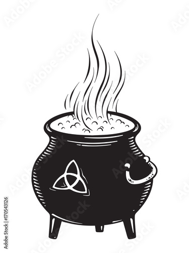 Boiling magic cauldron vector illustration. Hand drawn wiccan design, astrology, alchemy, magic symbol or halloween design