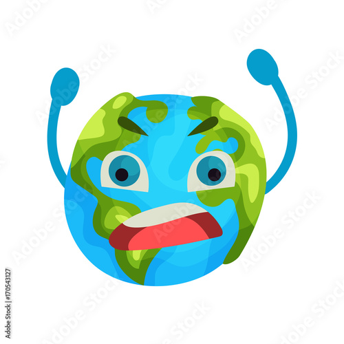 Cartoon furious Earth planet emoji, humanized globe character with emotions colorful vector Illustration
