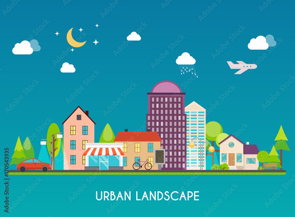 Urban landscape. Modern buildings and suburb with private houses. Flat city. Design style modern vector illustration concept.