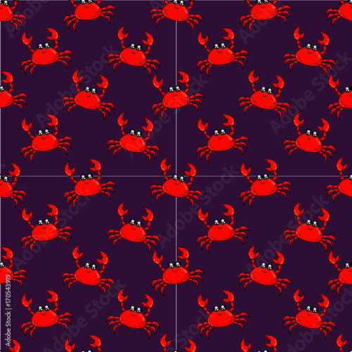 Cute kids pattern for girls and boys. Colorful crab on the abstract background create a fun cartoon drawing. The background is made in pastel colors. Urban backdrop for textile and fabric.