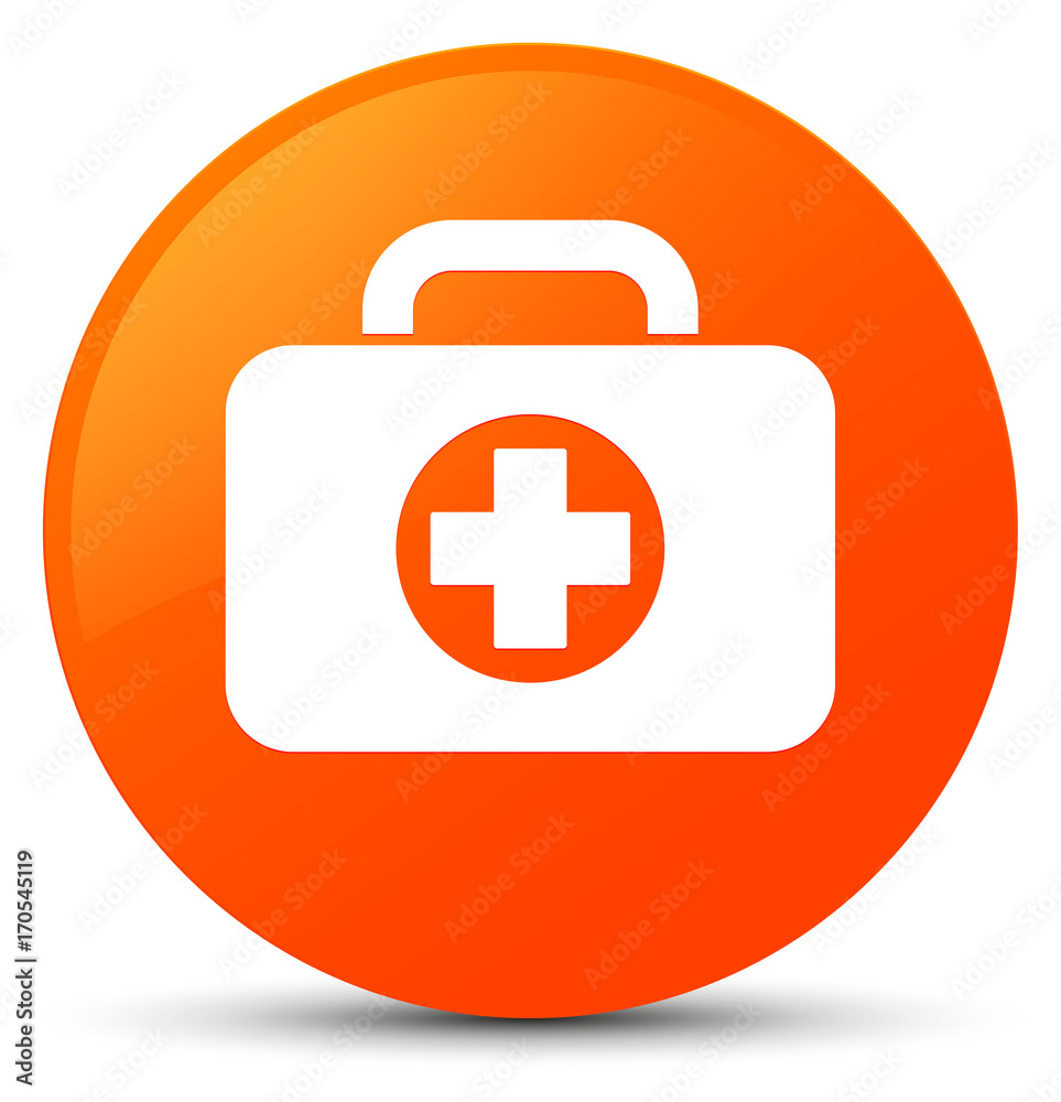 First aid kit bag icon orange round button First aid kit bag icon orange round button