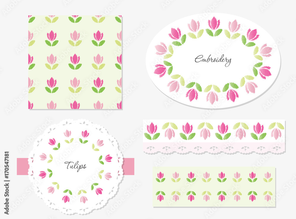 Embroidery floral decorative elements set.