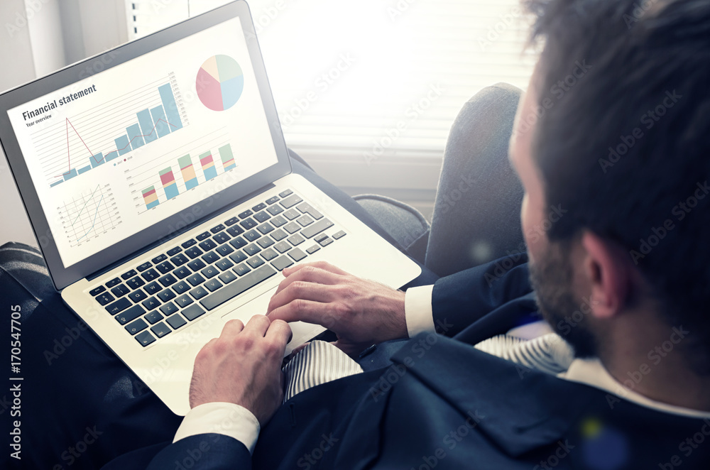 Man working with laptop. Financial diagrams on notebook screen Man working with laptop. Financial diagrams on notebook screen