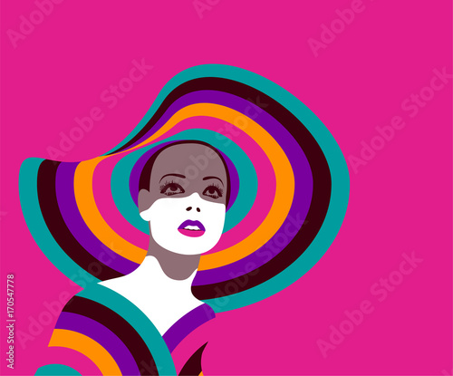 Portrait of fashionable woman with large hat in bright colors on pink background. Retro pop art style. Eps10 vector