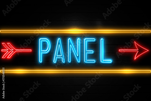 Panel - fluorescent Neon Sign on brickwall Front view