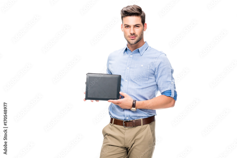 young man showing tablet young man showing tablet