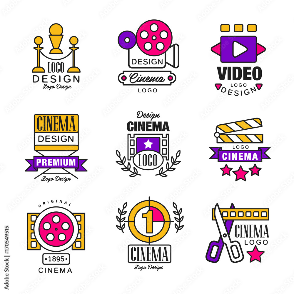 Cinema logo design set, video symbols in retro retro style vector Illustrations