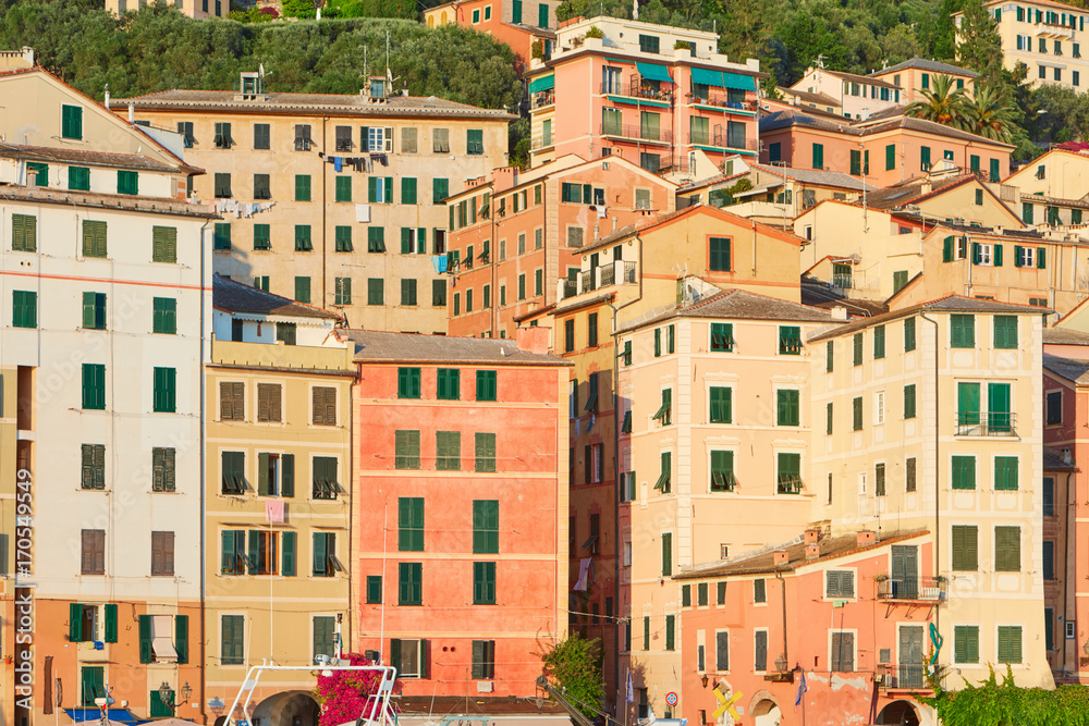 Camogli typical Italian village with colorful houses background, Liguria in a sunny day