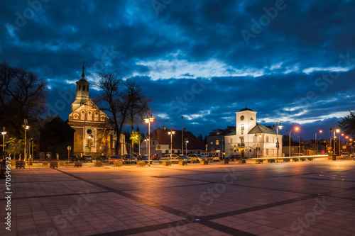 Main market at night in Piaseczno city, Poland