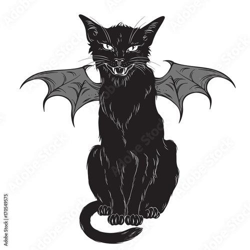 Creepy black cat with monster wings isolated over white background. Wiccan familiar spirit, halloween or pagan witchcraft theme print design vector illustration.