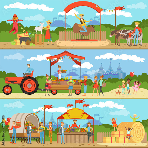 Agriculture and farming horizontal banners set, natural food farmer products, gardening, rural landscape