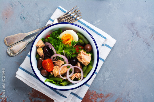 Nicoise Salad. Healthy brunch. Top view, space for text