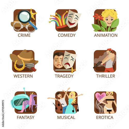 Movie genres set, crime, comedy, animation, western, tragedy, thriller, fantasy, musical, erotica colorful vector Illustrations