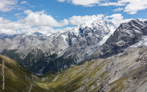 View from the top of famous Italian Stelvio High Alpine Road