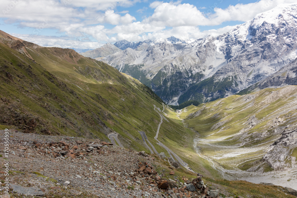 View from the top of famous Italian Stelvio High Alpine Road